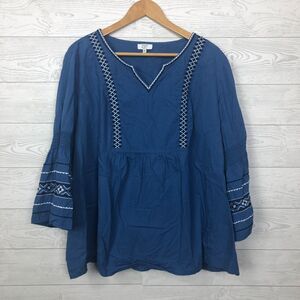 Crown & Ivy Curvy Women's 3X Embroidered Bell Sleeve Top Blue 100% Cotton Shirt